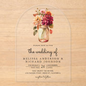 Fall Dahlia Floral Mason Jar Wedding アクリル招待状 (正面)