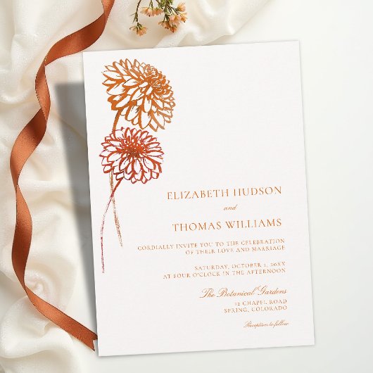 Fall Dahlias Burnt Copper Sketch Modern Wedding 招待状