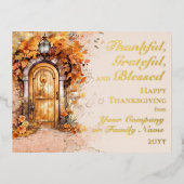 Fall Door Thanksgiving Thankful Grateful Blessed  箔シーズンポストカード (正面)
