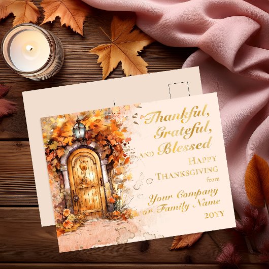 Fall Door Thanksgiving Thankful Grateful Blessed  箔シーズンポストカード