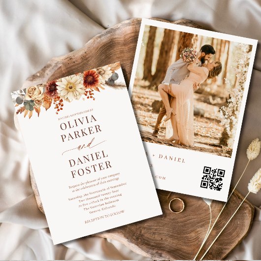 Fall Floral Autumn QR Code Photo Wedding 招待状