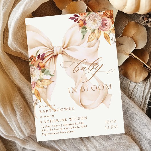 Fall Floral Bow Baby Shower Invitation 招待状