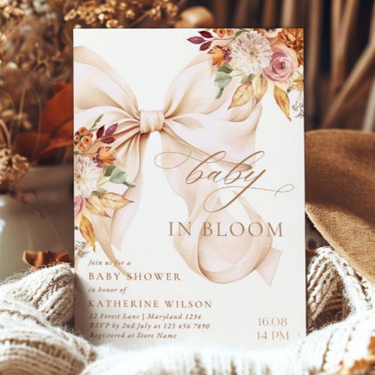 Fall Floral Bow Baby Shower Invitation 招待状
