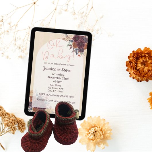 Fall Floral, Burgundy, Orange, Cream Baby Shower 招待状