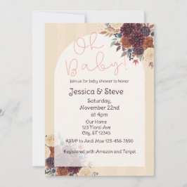 Fall Floral, Burgundy, Orange, Cream Baby Shower 招待状