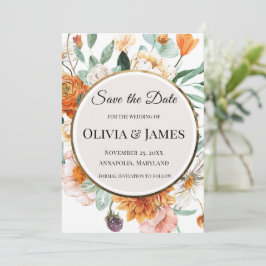 Fall Floral Gold Circle Wedding Save the Date 招待状