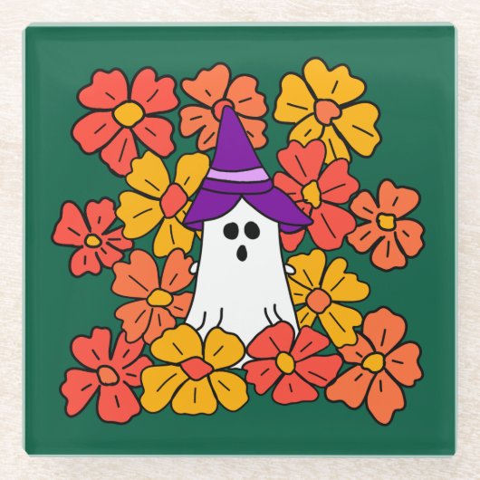 Fall Floral Halloween Ghost  ガラスコースター (正面)