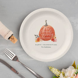 Fall Floral Orange Pumpkin Friendsgiving Dinner ペーパープレート
