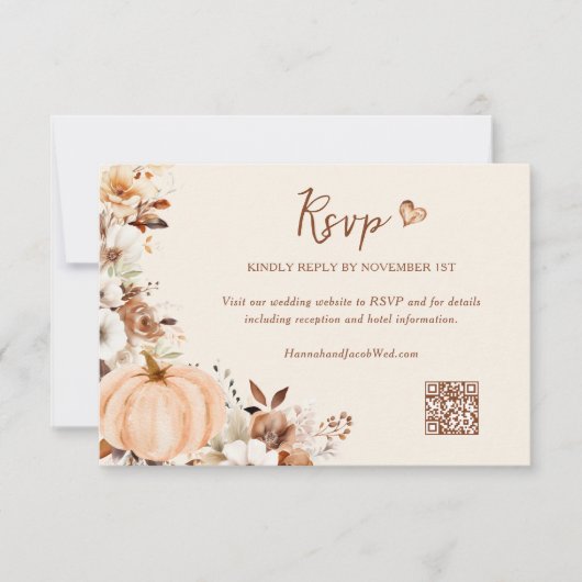 Fall Floral Pumpkin Wedding QR Code 出欠カード (正面)