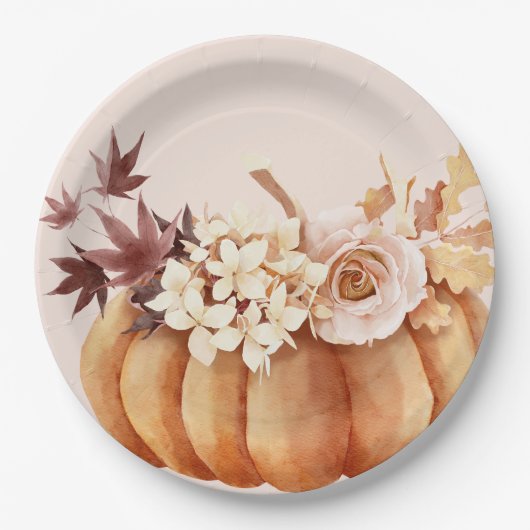 Fall Floral Rustic Autumn Pumpkin Birthday ペーパープレート (正面)