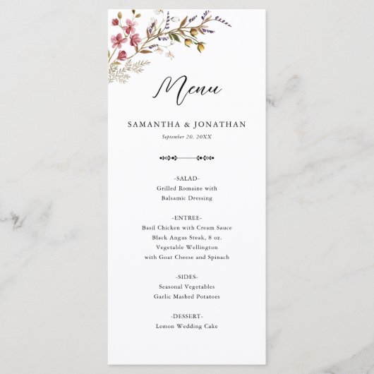 Fall Floral Wildflowers Wedding Reception Menu メニュー (正面)
