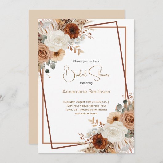 Fall Flowers Geometric Wreath Bridal Shower |  招待状 (正面/裏面)