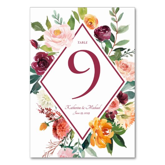 Fall Flowers Rustic Wine Red Table Numbers テーブルナンバー (裏面)