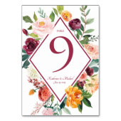 Fall Flowers Rustic Wine Red Table Numbers テーブルナンバー (正面)