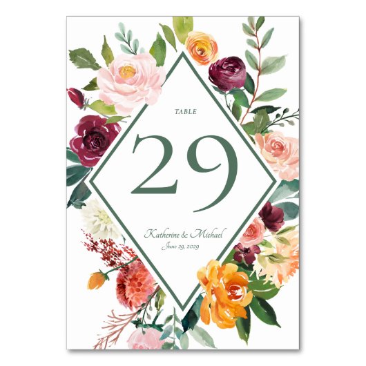 Fall Flowers Sage Green Rustic Table Numbers テーブルナンバー (正面)