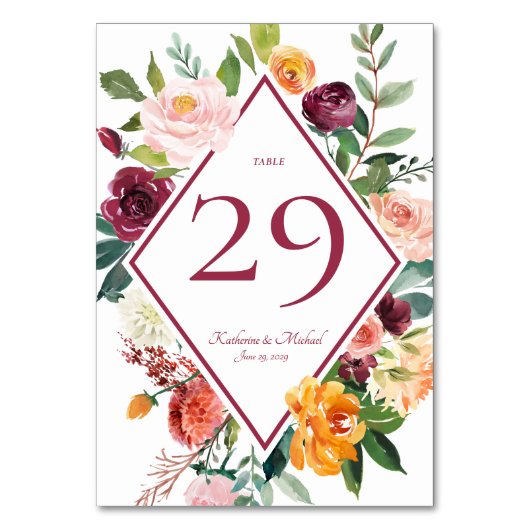 Fall Flowers Wine Red Rustic Table Numbers テーブルナンバー (正面)