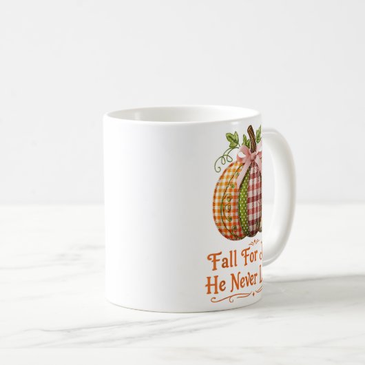 Fall For Jesus He Never Leaves Pumpkin Patchwork C コーヒーマグカップ (正面右)