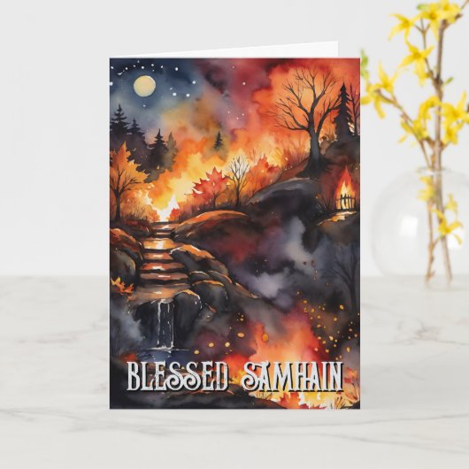 Fall Forest Blessed Samhain Halloween Night カード (黄色い花)