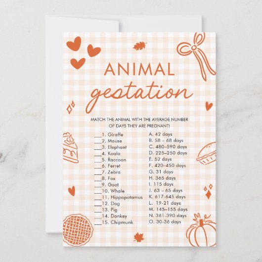 Fall Hand Drawn Animal Gestation Baby Shower Game 招待状 (正面)
