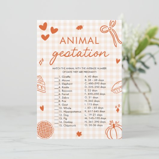 Fall Hand Drawn Animal Gestation Baby Shower Game 招待状 (スタンド正面)