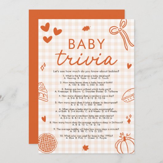 Fall Hand Drawn Baby Shower Baby Trivia Game 招待状 (正面/裏面)