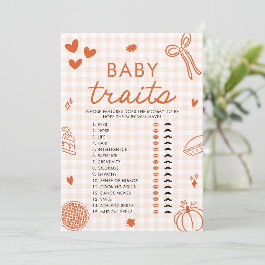 Fall Hand Drawn Baby Traits Baby Shower Game 招待状 (スタンド正面)