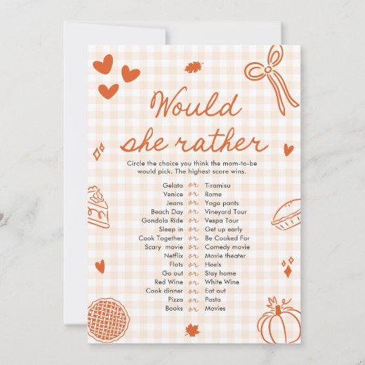 Fall Hand Drawn Would She Rather Baby Shower Game 招待状 (正面)