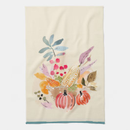 Fall Harvest Watercolor Pumpkin Corn Basket キッチンタオル