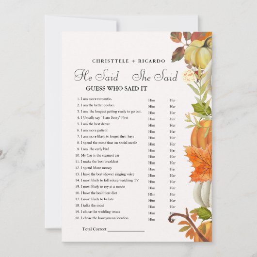 Fall   He said she said Bridal shower game card 案内状 (正面)