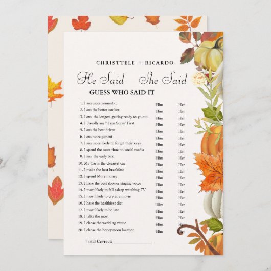 Fall He said she said Bridal shower game card 案内状 (正面/裏面)