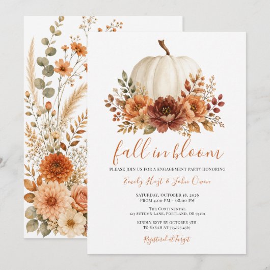Fall in Bloom ホワイトパンプキン 婚約パーティー 招待状 (正面/裏面)