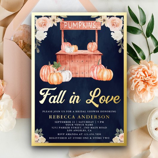 Fall in Love ピーチパンプキンネイビーブルーの結婚式前夜祭 箔招待状