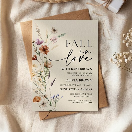 Fall in Love ベージュの野の花のベビーシャワー 招待状