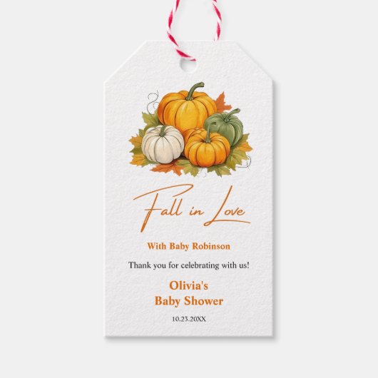 Fall in Love Autumn Rustic Pumpkin Baby Shower  ギフトタグ (正面)