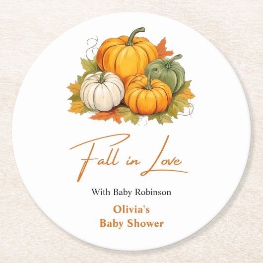 Fall in Love Autumn Rustic Pumpkin Baby Shower  ラウンドペーパーコースター (正面)