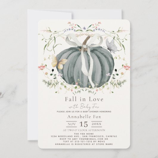 Fall in Love Blue Pumpkin Wildflower Baby Shower 招待状 (正面)