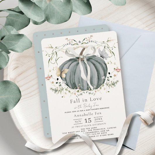 Fall in Love Blue Pumpkin Wildflower Baby Shower 招待状
