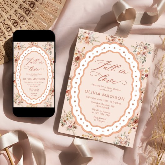 Fall in Love Boho Fall Floral Baby Shower 招待状