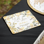 Fall in love boho floral autumn chic bridal shower スクエアペーパーコースター<br><div class="desc">Fall in love boho floral autumn chic bridal shower coaster featuring pretty green,  yellow,  mustard and khaki flowers frame with foliage and eucalyptus. A boho inspired fall autumn bridal shower theme with a modern heart script typography .</div>