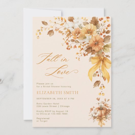 Fall in Love Boho Floral Bridal Shower 招待状 (正面)