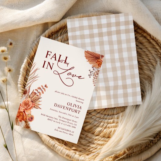 Fall in Love Boho Pampas Terracotta Bridal Shower 招待状