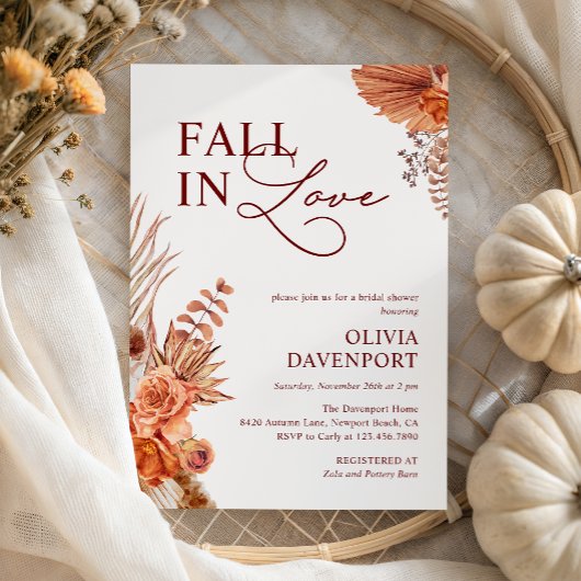 Fall in Love Boho Pampas Terracotta Bridal Shower 招待状