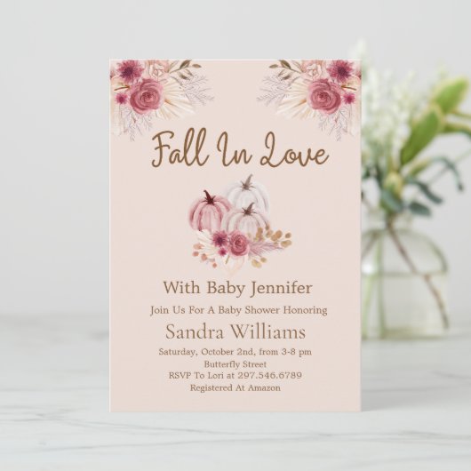Fall In Love Boho Pink Pumpkin Autumn Baby Shower 招待状 (スタンド正面)