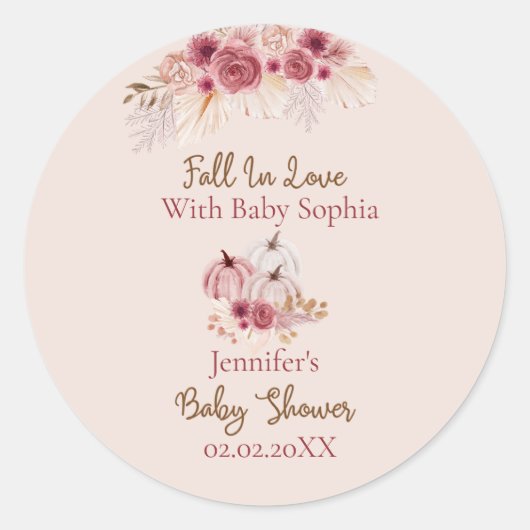 Fall In Love Boho Pink Pumpkin Baby Shower ラウンドシール (正面)