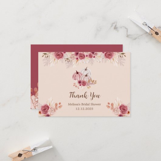 Fall In Love Boho Pink Pumpkin Bridal Shower カード (正面/裏面インサイチュ)