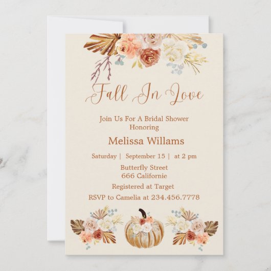 Fall In Love Boho Terracotta Autumn Bridal Shower 招待状 (正面)