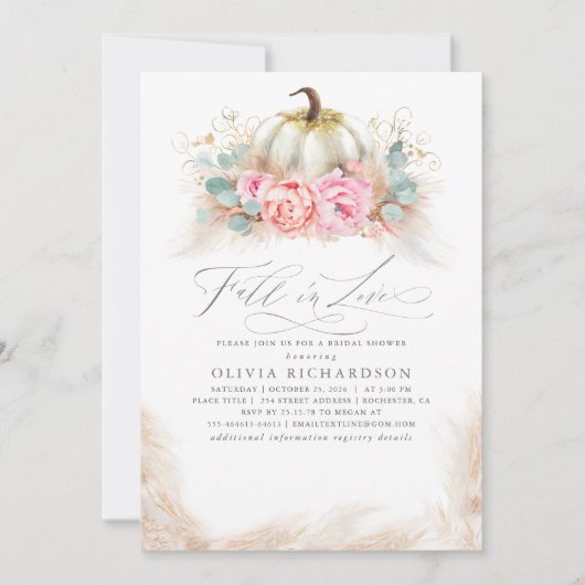Fall in Love Bridal Shower  Pink Flowers Pumpkin 招待状 (正面)