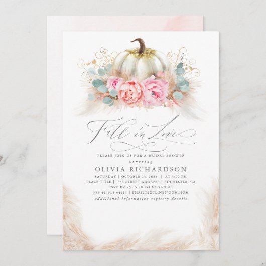 Fall in Love Bridal Shower  Pink Flowers Pumpkin 招待状 (正面/裏面)
