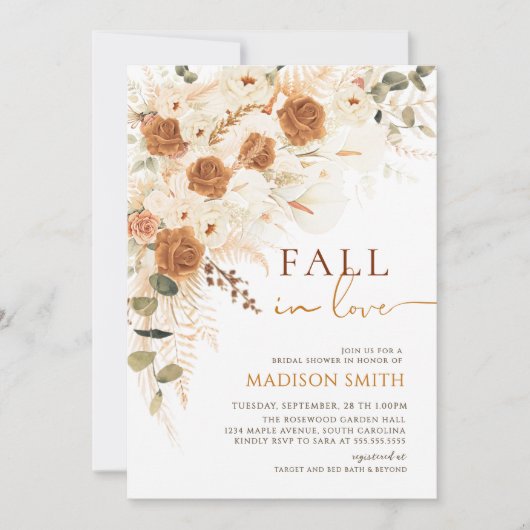 Fall In Love Bridal Shower Terracotta Boho Floral 招待状 (正面)