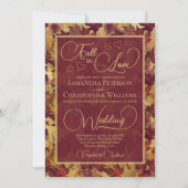 Fall in Love Burgundy & Gold Autumn Leaves Wedding 招待状 (正面)